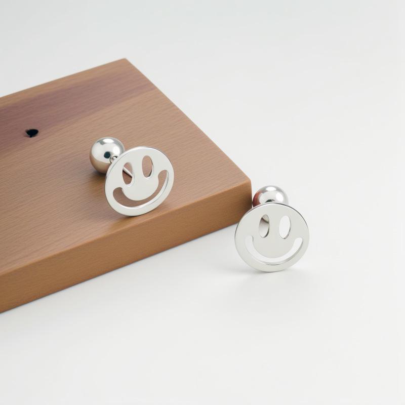 S999 Sterling Silver Smiley Face Stud Earrings for Women, Double-headed Screw, Sleep-safe Design. S999 Sterling Silver