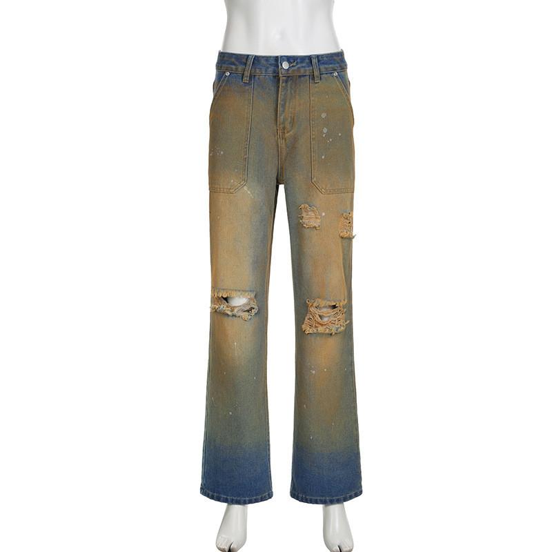 VibeStreet New Fashion Streetwear Women Jeans Chic Hole Tie Dye Denim Pants Hollow Out Pockets Casual Straight Trousers S синий
