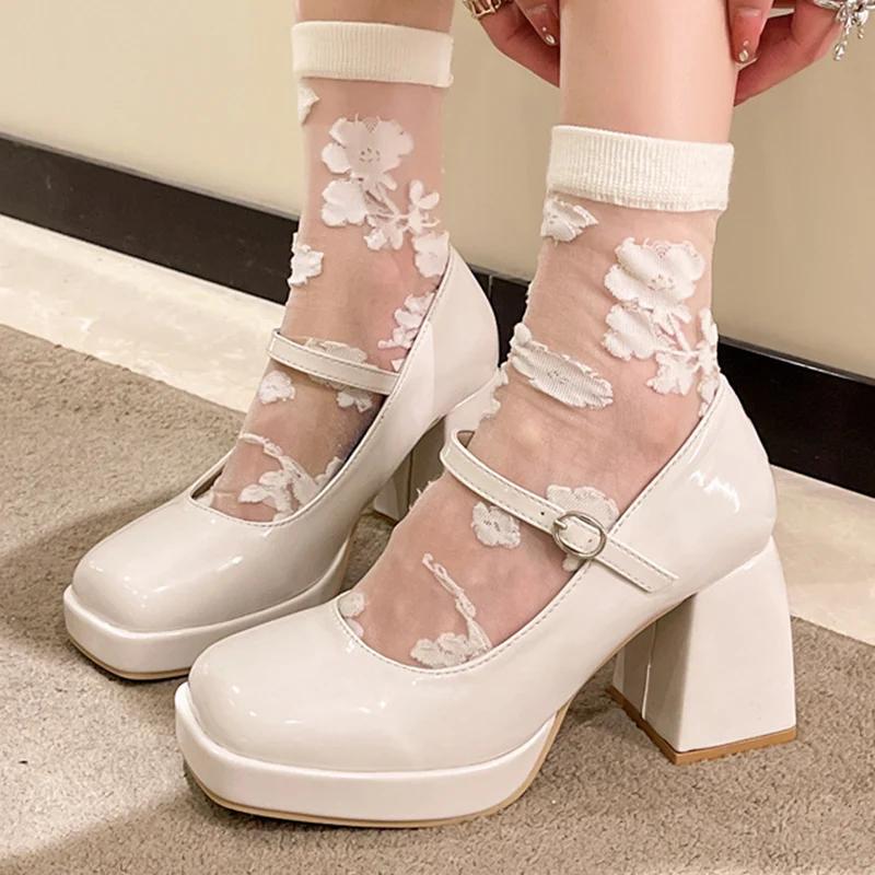 Vintage Chunky High Heels Mary Jane Shoes for Women Square Toe Thick Heel Black Lolita Shoes Patent Leather Platform Pumps Mujer