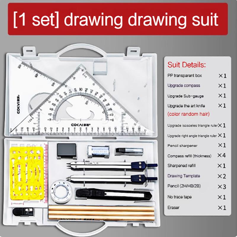 Premium Drawing Tool Ruler Set 30/45 Degree Triangle Ruler Protractor Compass Pencil Multi-Function Measurement Drafting Kit