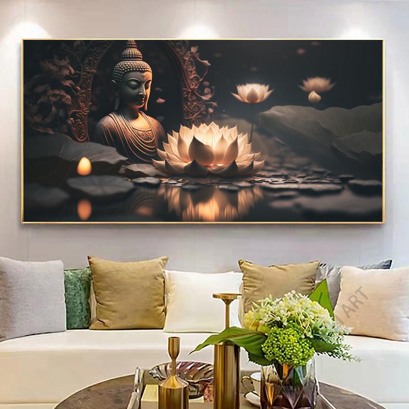 Abstrakcyjny posąg Buddy i kwiat lotosu obraz na płótnie Wall Art religia buddyzm zdjęcia HD do dekoracji ścian salonu Quadro