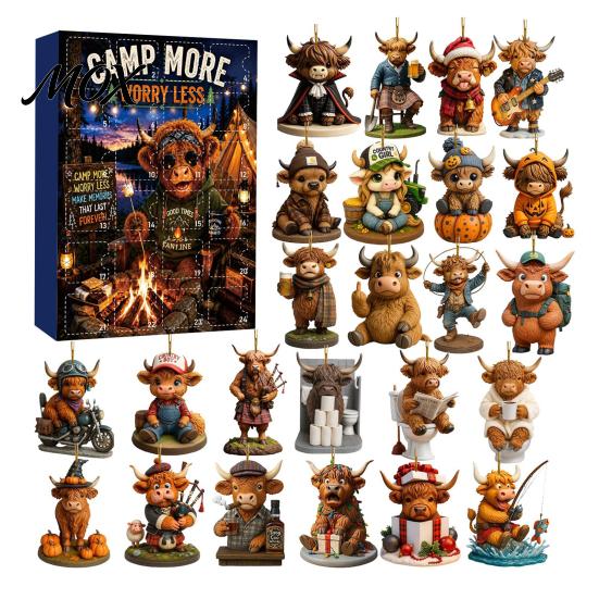 Acrylic Holiday Tree Decorations 2026 Highland Cow Advent Calendar, 2D Flat Festive Collectible Pendants Ornaments, 24 Days Christmas Countdown