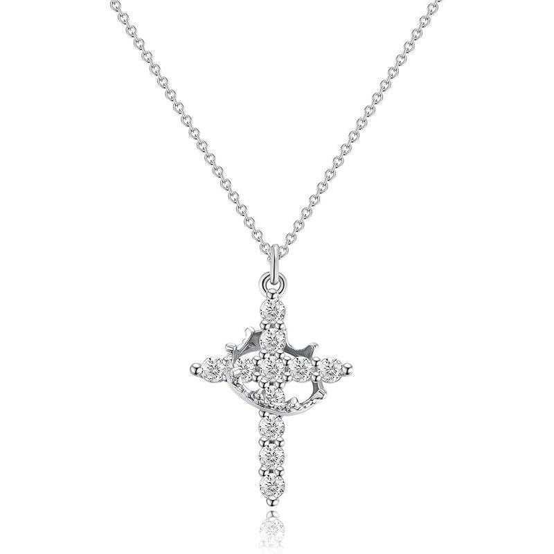 Collana Minimalista in Argento S925: Pendente a Croce Corona Piena di Diamanti per Donna