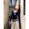 Women's Slim-Fit U-Neck Dark Blue Two-Piece Look Long-Sleeve T-Shirt - Korean Style Autumn