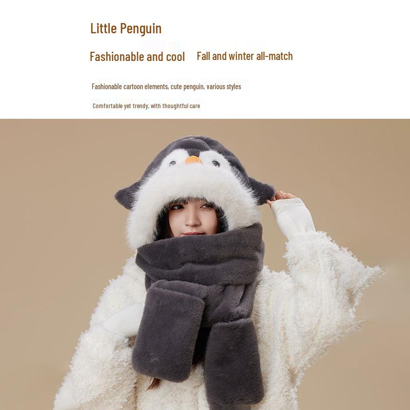 Penguin Ear Protection Hat, Scarf & Neck Warmer Women's 3-Piece Winter Set