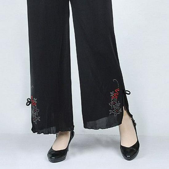 Ice Silk High-Waisted Wide-Leg Cropped Pants with Rhinestones for Women - Plus Size, Summer Casual