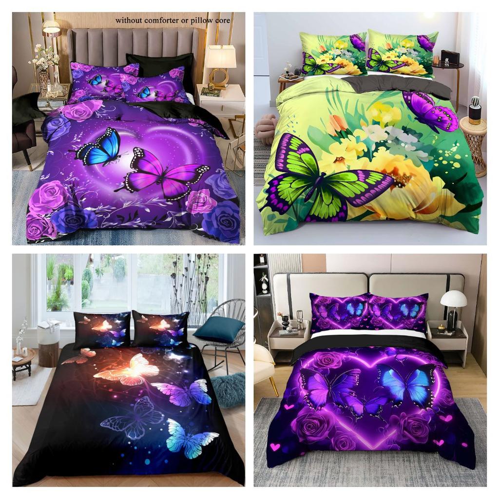 3D Digital Printing Butterfly Flower Three-Piece Bedding Quilt Cover, Direct Sales