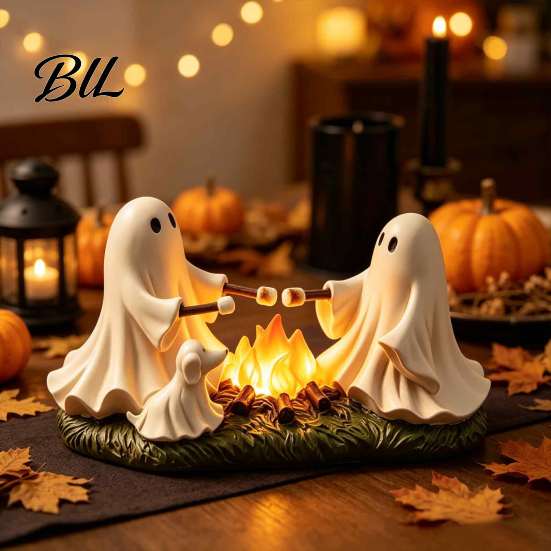 Cute Ghost Campfire Figurine Roasted Marshmallows LED Ornament, Durable Resin Halloween Desktop Decorative Lighted Night Light Craft, Warm for