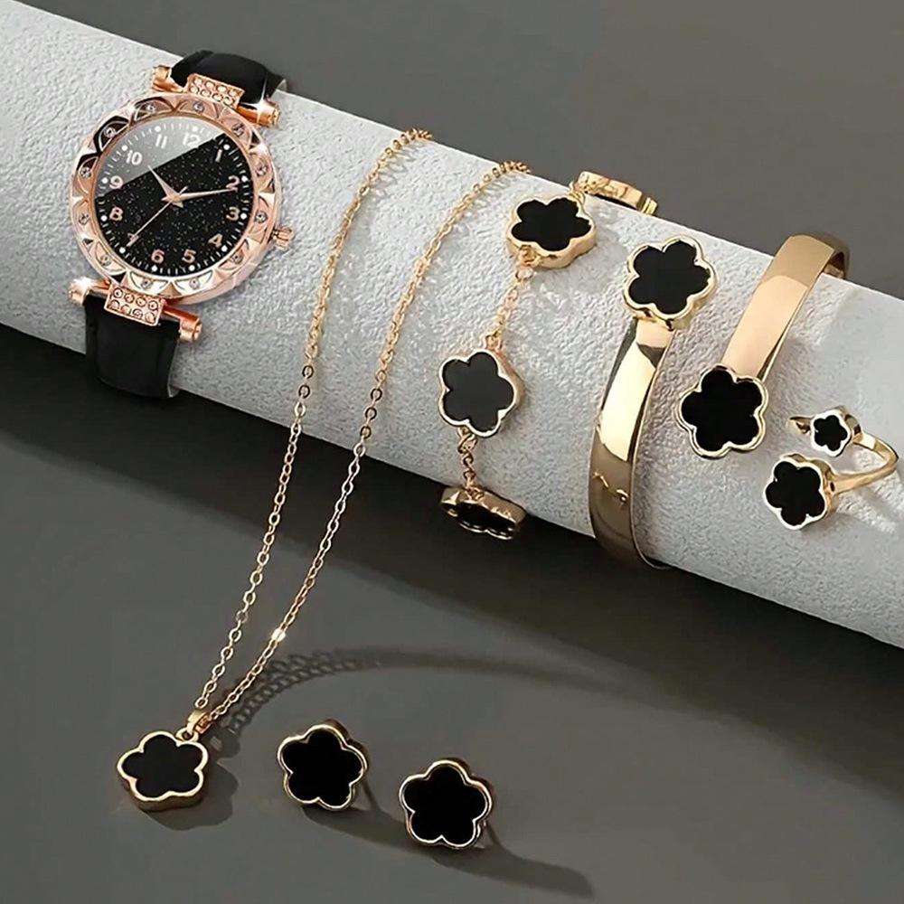 Diamond Watch Women's Belt Digital Disc Quartz Watch High Value Clover Jewelry Watch Set