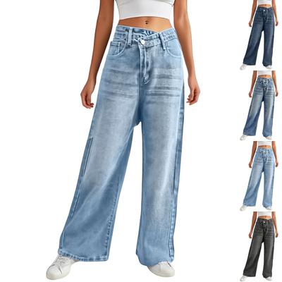 Women's Casual And Stylish Asymmetrical Low- Slanted Button And Zipper Jeans