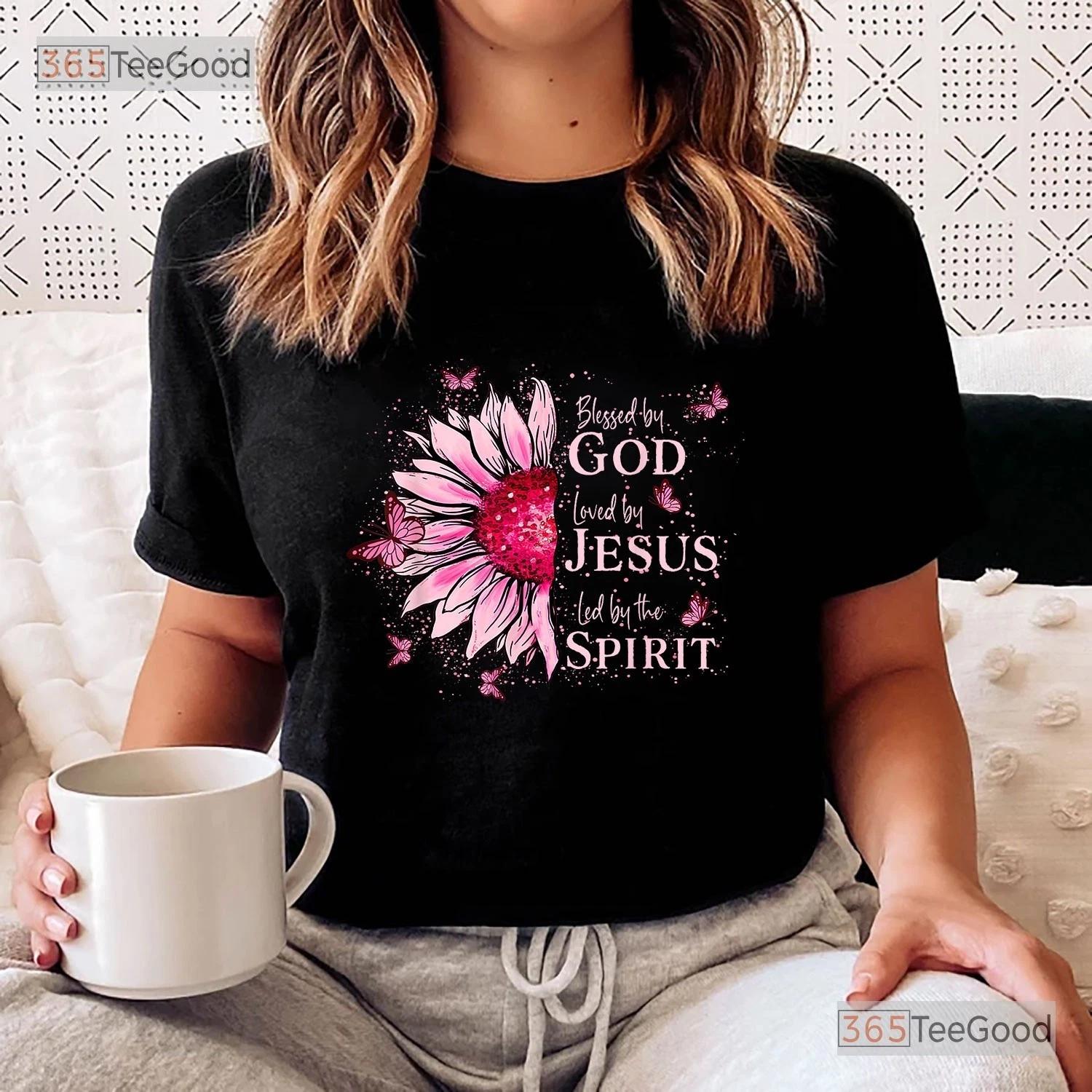 Blessed By God Loved By Jesus Shirt, Pink Sunflower Christian Graphic Tee S