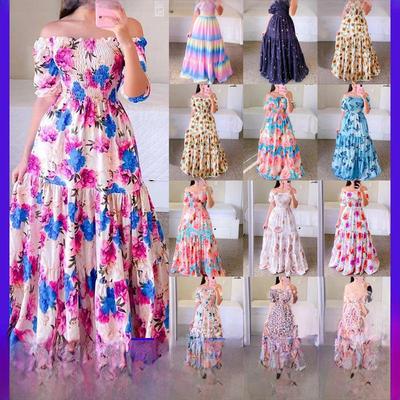 Rochie lungă europeană și americană pentru femei, cu umerii goi și imprimeu floral - Colecția Primăvară/Vară 2025