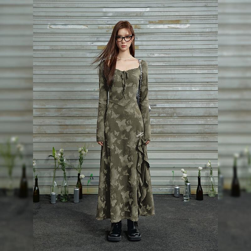 UNIFREE Women's Lace-Trim Bow-Tie Long Sleeve Slit Dress