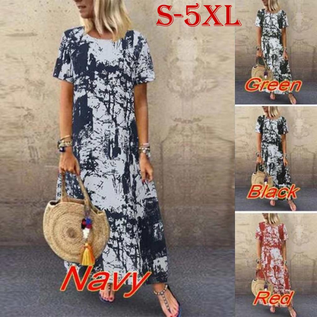 

Fashion Women Casual Tie-dyed Print Short Sleeves Loose Long Dress