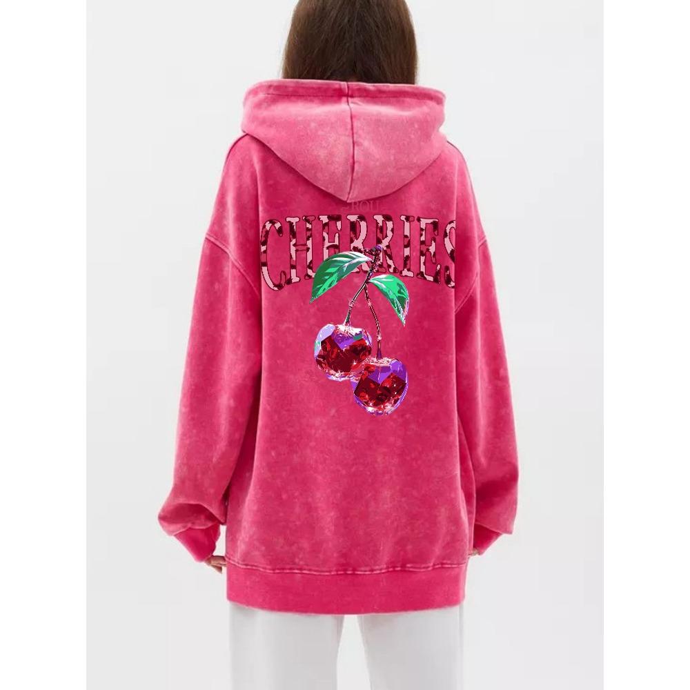 Fashion Womans Washed Hoodie Crystal Cherries Printed Streetwears Warm Cotton Oversize Couple Streetwear