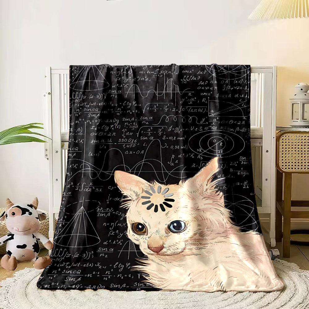 A cat with a loading icon above its head and a mathematical background. for all seasons blanket lunch break throw gift 80cm x 120cm