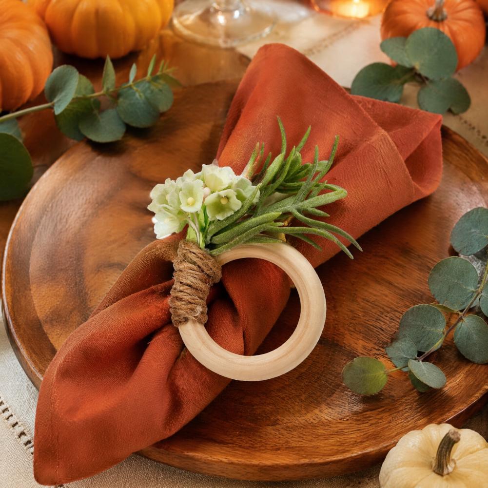 Floral Napkin Rings Artificial Rosemary Napkin Rings Farmhouse Wooden Napkin Holders Rustic Faux Flower Rings for Wedding Dining