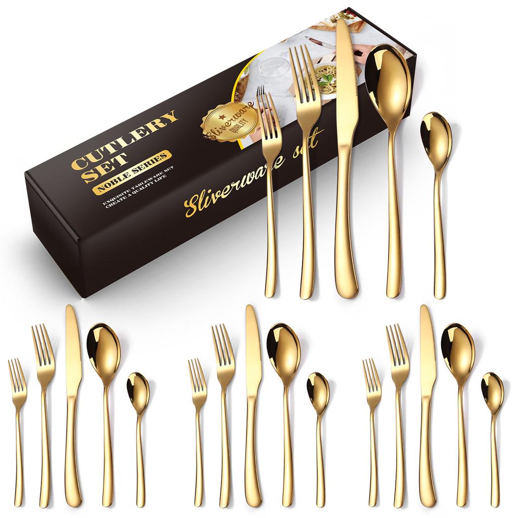 410 Stainless Steel Tableware Set 20-piece Set Knife Fork Spoon Tableware Gold YSH-46-20PS