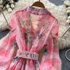 Vintage Women Single Breasted Gorgeous Flower Print Shirt Dress New Autumn Notched Collar Linen Boho Holiday A Linen Mini Dress
