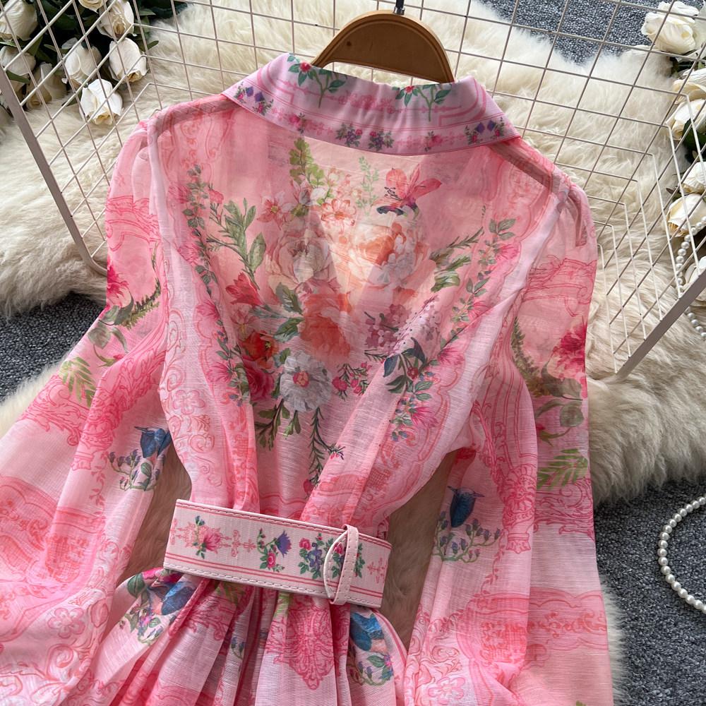 Vintage Women Single Breasted Gorgeous Flower Print Shirt Dress New Autumn Notched Collar Linen Boho Holiday A Linen Mini Dress