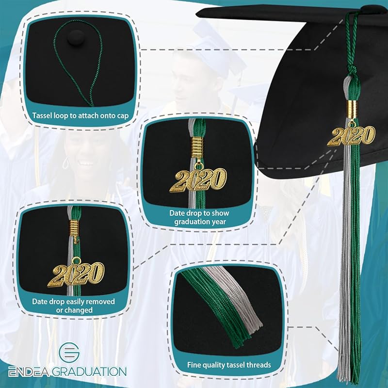 Endea Graduation Double Color Tassel with Gold Date Drop (Emerald/Grey, 2020) серый