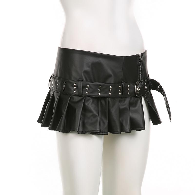 Women's Spice Girls Studded Belt Split Fashion Street Sexy Low Waist A-Line Leather Pleated Skirt