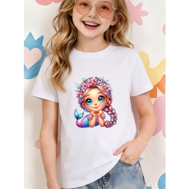 Girls Floral Wreath Mermaid Print Crewneck Short Sleeve Tee