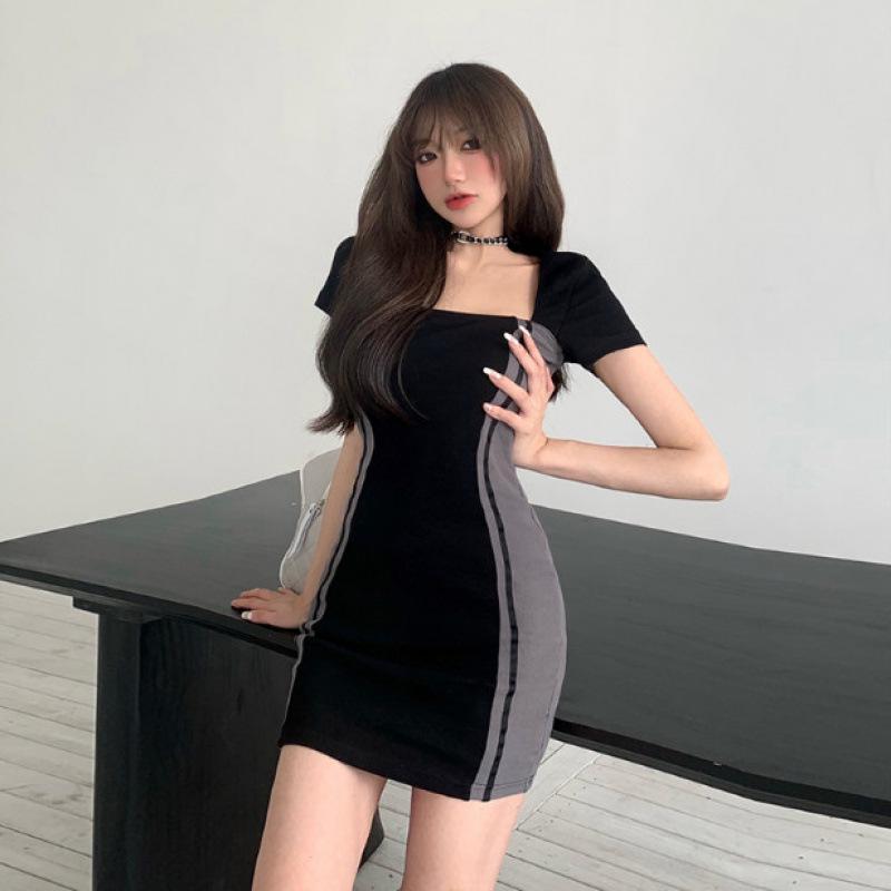 Retro French Hepburn Style Women s Square Neck Color Block Dress Large чёрный