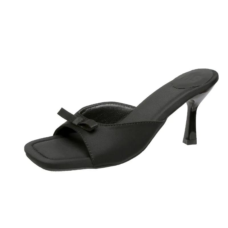 2025 Summer New Solid Square Toe Women's Slipper Elegant Modern Dress Sandals Women with Butterfly-knot Thin Heels Slippers