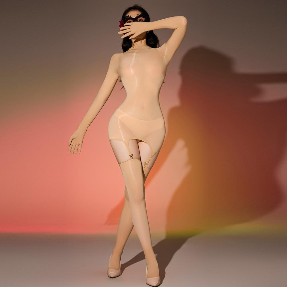 Sexy Women Glove Sleeve Elastic Bodysuit Cosplay Maid Tights Sheer See Through Oil Glossy Shiny Leotard With Garter Stockings