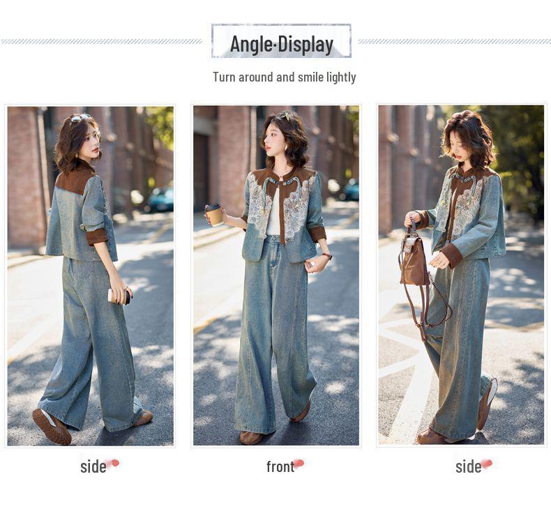 2026 Spring/Autumn Women's Lace Patchwork Denim Suit with Frog Buttons - Stylish Two-Piece Set