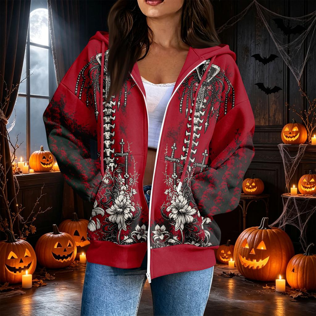 Damen lässiges Kapuzen-Sweatshirt mit Reißverschluss und Langarm mit Halloween-Print