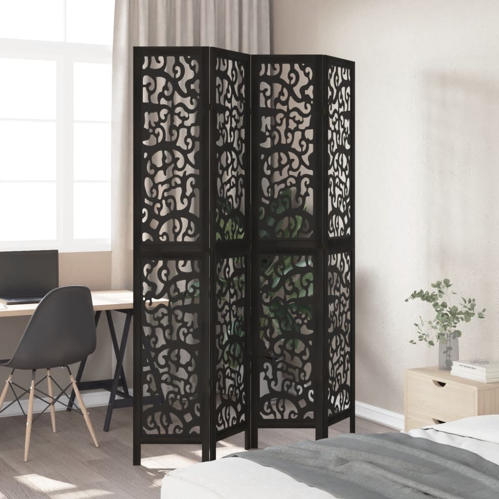 Vidaxl Room Divider, 4-Panel, Black, Solid Paulownia Wood