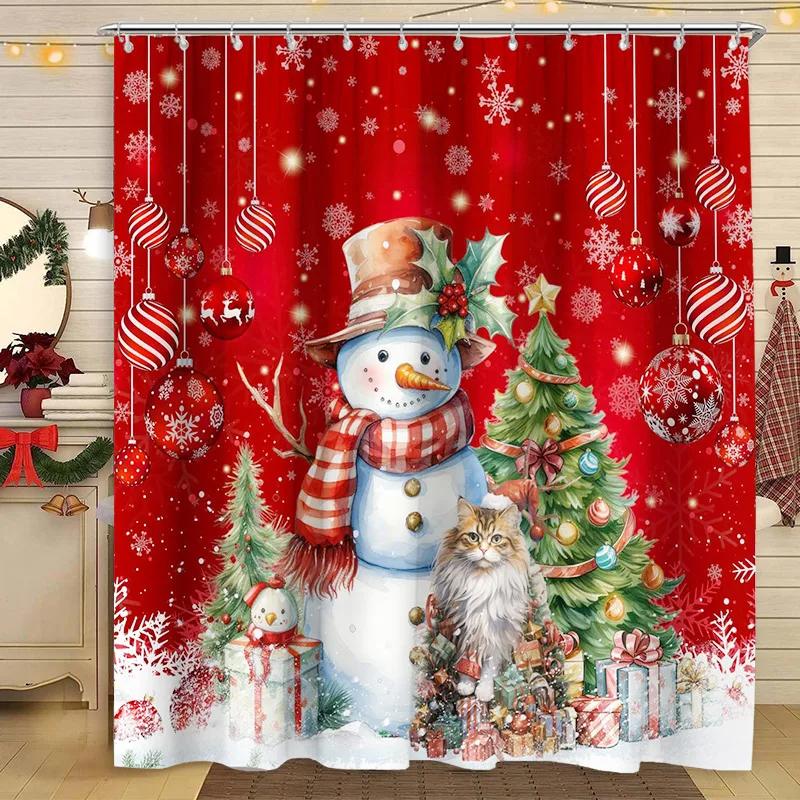 Christmas Shower Curtain Santa Claus Christmas Tree Cat Dog Winter Snowy Snowflake Home Polyester Fabric Bathroom Decor Curtai