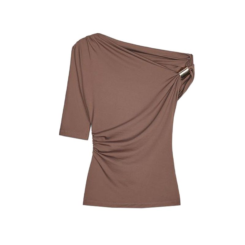 Spring and Summer New Women's Clothing Short Sleeve Multi-Color Selection Pure Color Chinlon Blended Asymmetric Minimalist Tops 1026164