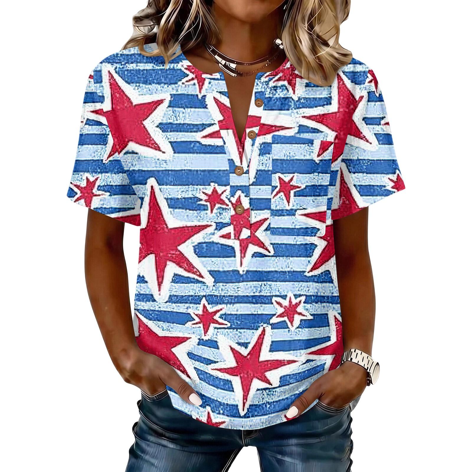 Women Short Sleeve Cotton Linen Shirt Henley Neck Button Front Casual Loose Fit Star Print Summer Blouse L синий