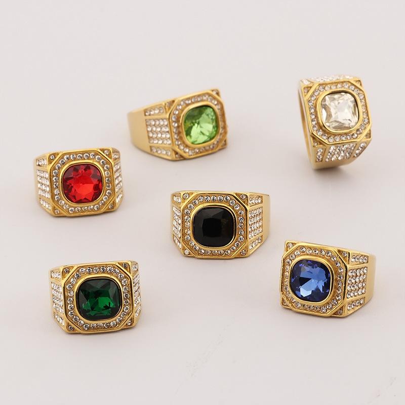 Hip-Hop Rock Octagonal Three-Dimensional Diamond Ring, Luxurious Round Zircon Titanium Steel Men'S Ring