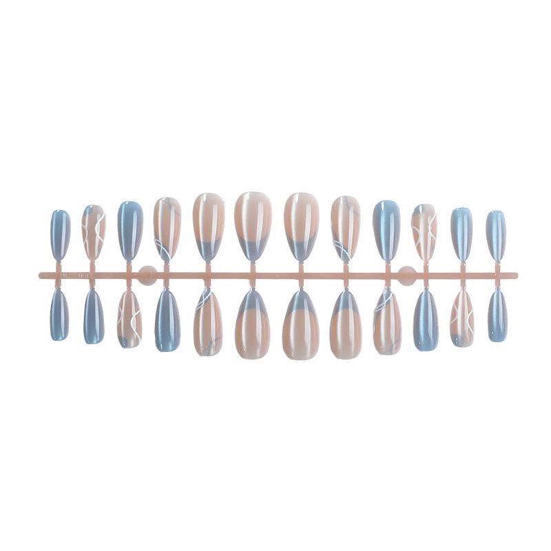 30PCS High-Quality Blue Cat Eye Striped French False Nails - Elegant Full-Size Wearable Nail Tips