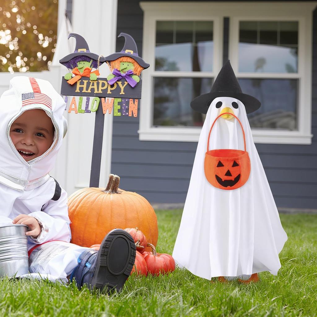 Festive Goose Clothes Goose Costume Accessories Halloween Goose Outfit Set with Witch Hat Pumpkin Bucket for 23inch Statue for Porch