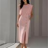 2026 Spring Women's European and American Solid Color French Dress: Elegant Buttoned Split Hip-Hugging Skirt