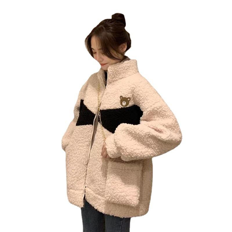 Casaco Grosso Forrado com Lã de Imitação de Cordeiro Acolchoado com Algodão Novo Inverno Feminino Solto Gola Quente Acolchoado com Algodão