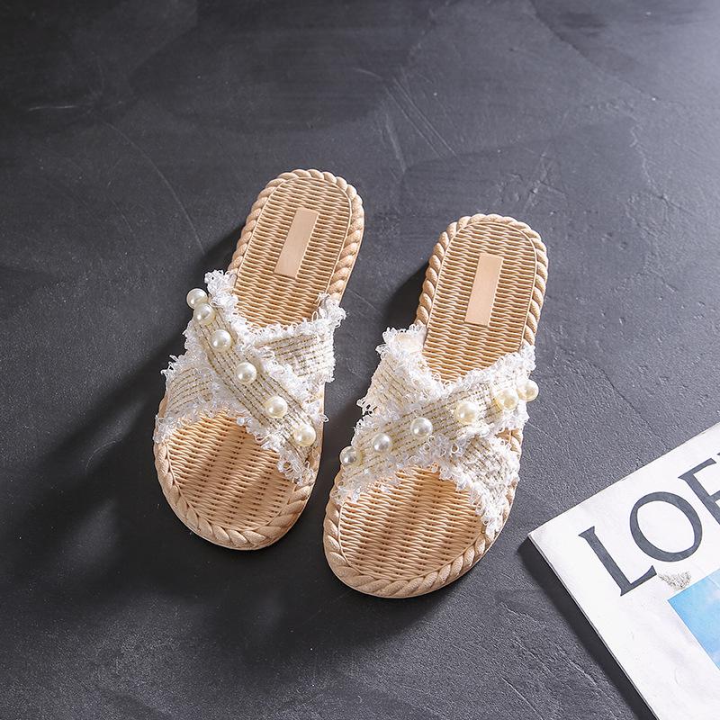 Summer Fashion Pearl Flat Bottom Straight Drag Beach Anti-skid Cool Slippers
