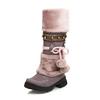 Mujer New Women Boot 2024 Winter New Medium Heel Cotton Boots Wool Ball Tall Boot Warm Student Snow Boots National Knight Boots