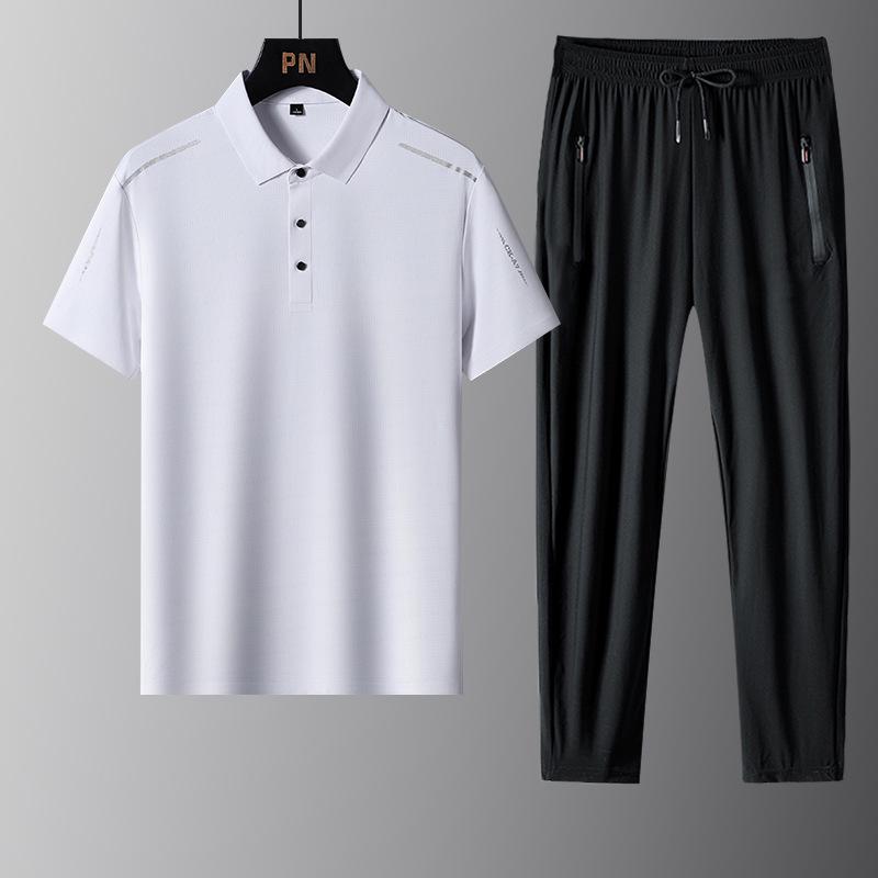 Men's Summer Ice Silk Sportswear Set: POLO Shirt, Short Sleeve, and Trousers, Plus Size, Three-Piece Set.