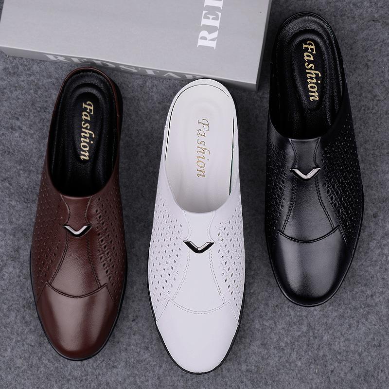 Fashion Italian Mens Slippers Genuine Leather Muller Shoes Men Loafers Outdoor Non-slip Black Casual Half Slipper Men Fashion Shoes Man