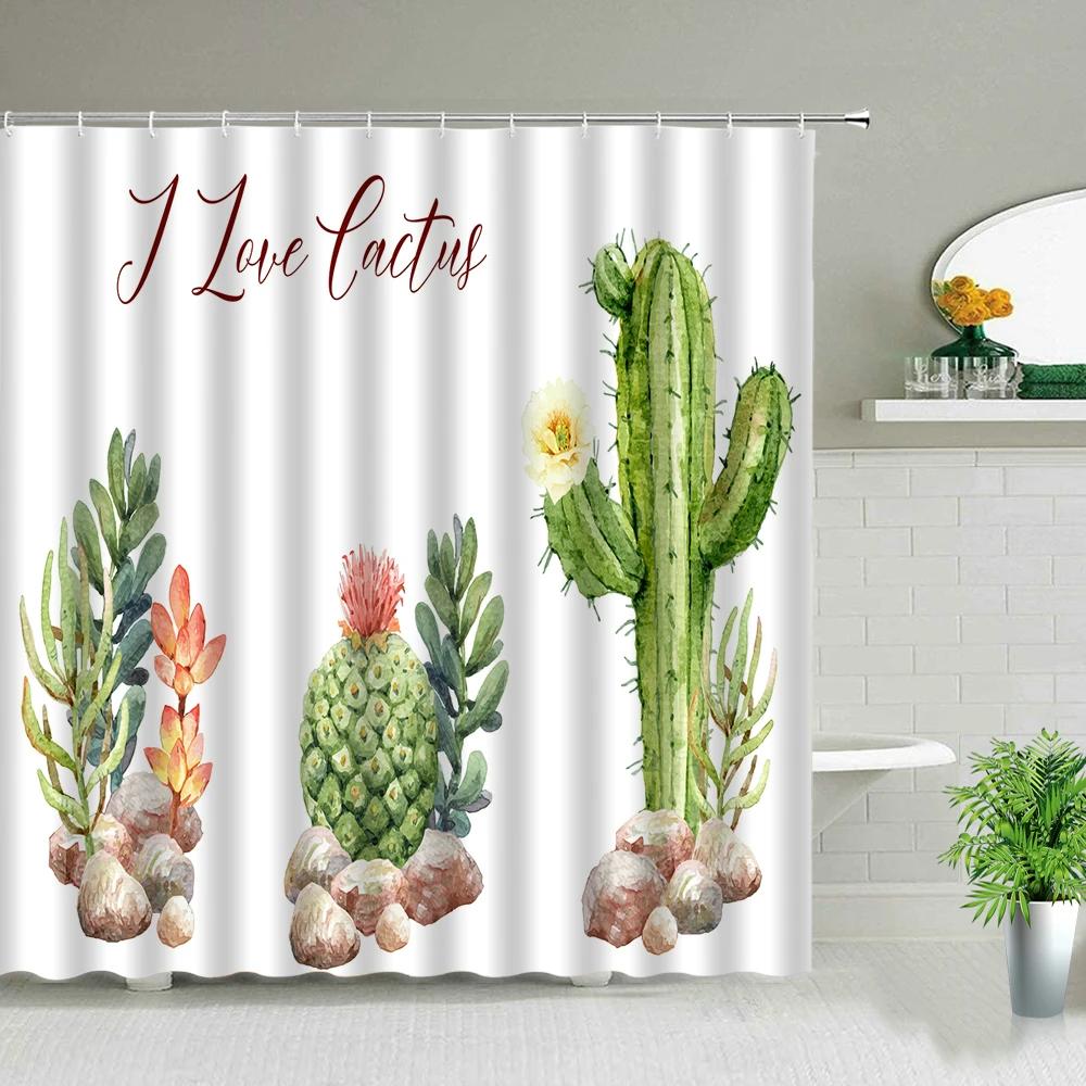 Hower Curtains of Textile Water Color Cactus Flower Tropical Plants Colorful Succulents Pattern Bathroom Shower Curtain Set
