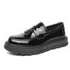 Men's Round Toe Casual Leather Shoes, Black Patent Leather, Thick Sole, Business and Daily Wear
