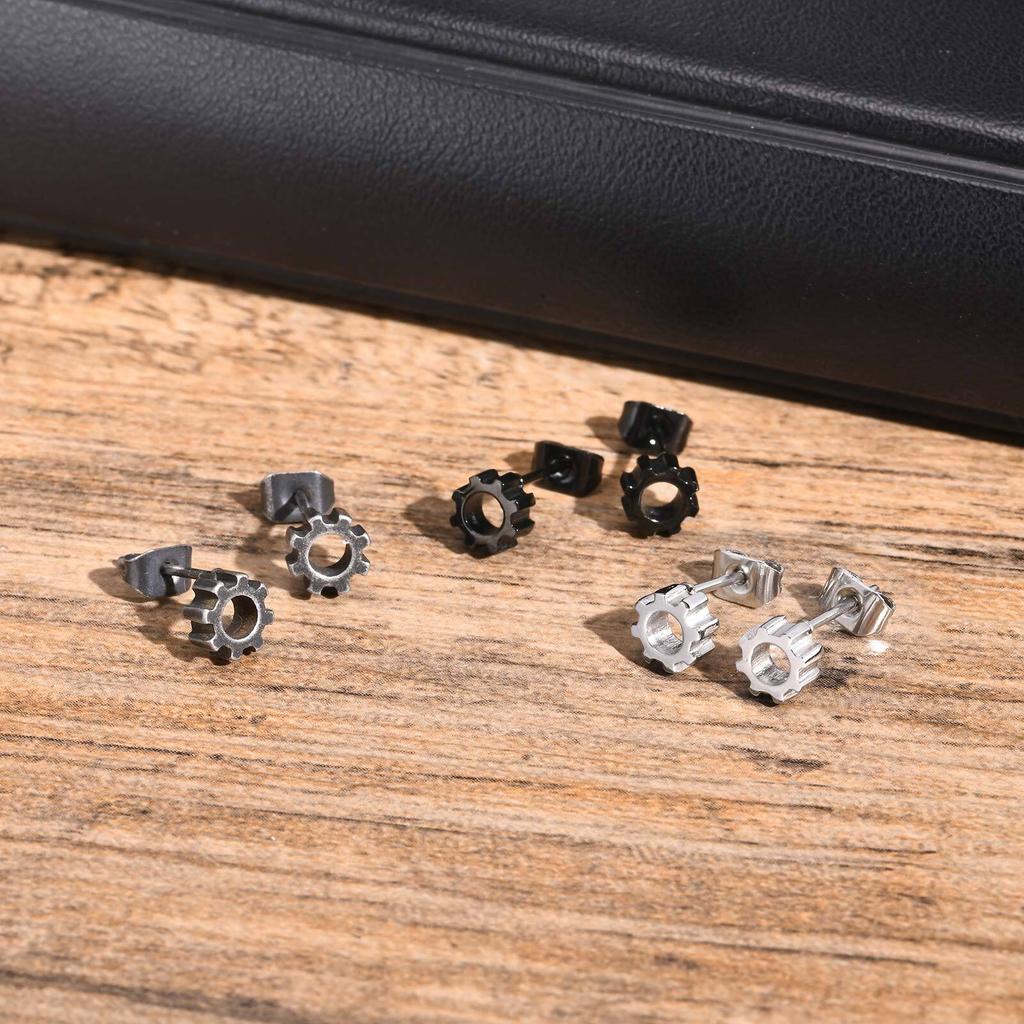 Stainless Steel Gear Stud Earrings for Men Boys,Waterproof Anit Allergy Small Earrings,Punk Rock Ear Jewelry