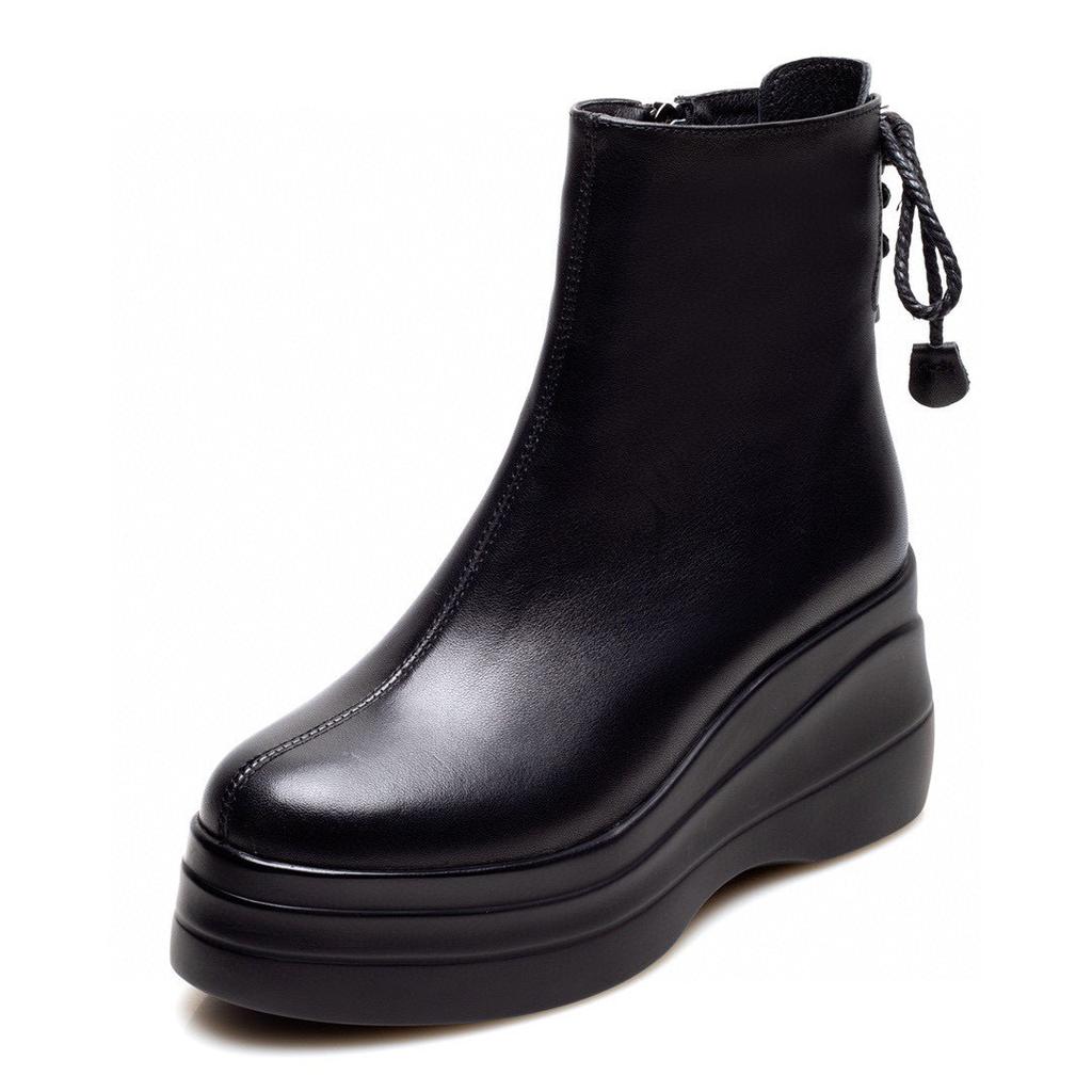 Leather boots women's autumn and winter new thick-soled muffin and waterproof countertop side zipper short boots black women's boots