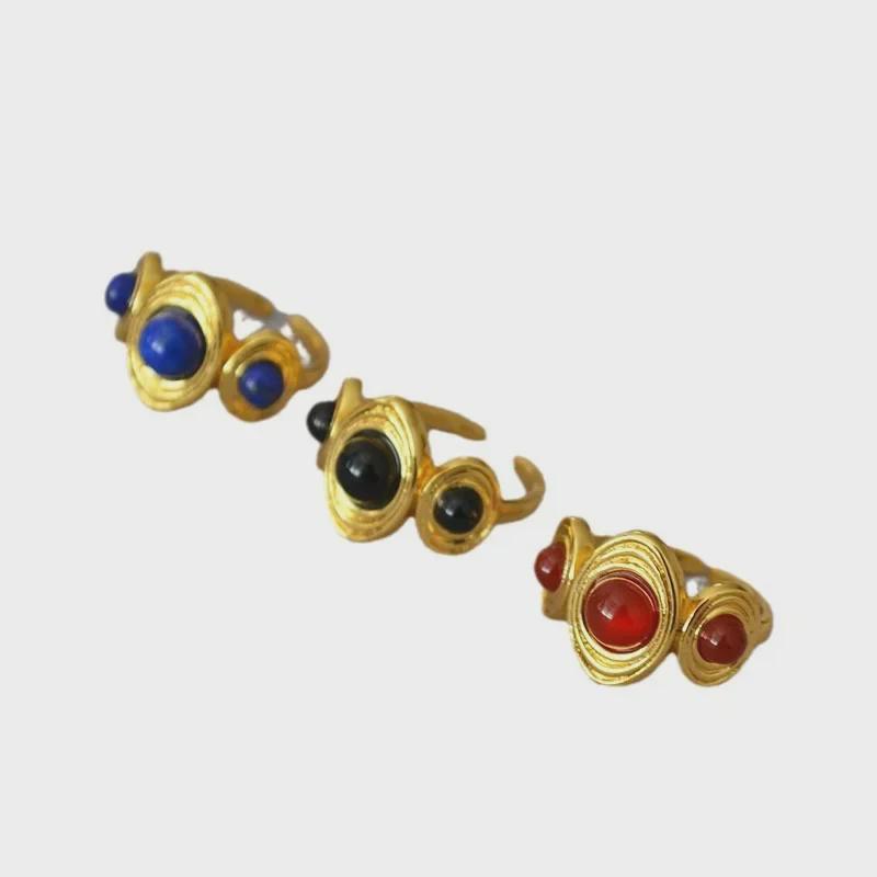 Retro European & American Brass Gold-Plated Ring with Inlaid Agate & Lapis Lazuli Stones for Women
